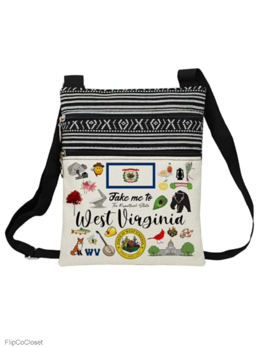 Polyester Crossbody Bag Ethnic Print Adjustable Strap Zipper Pockets